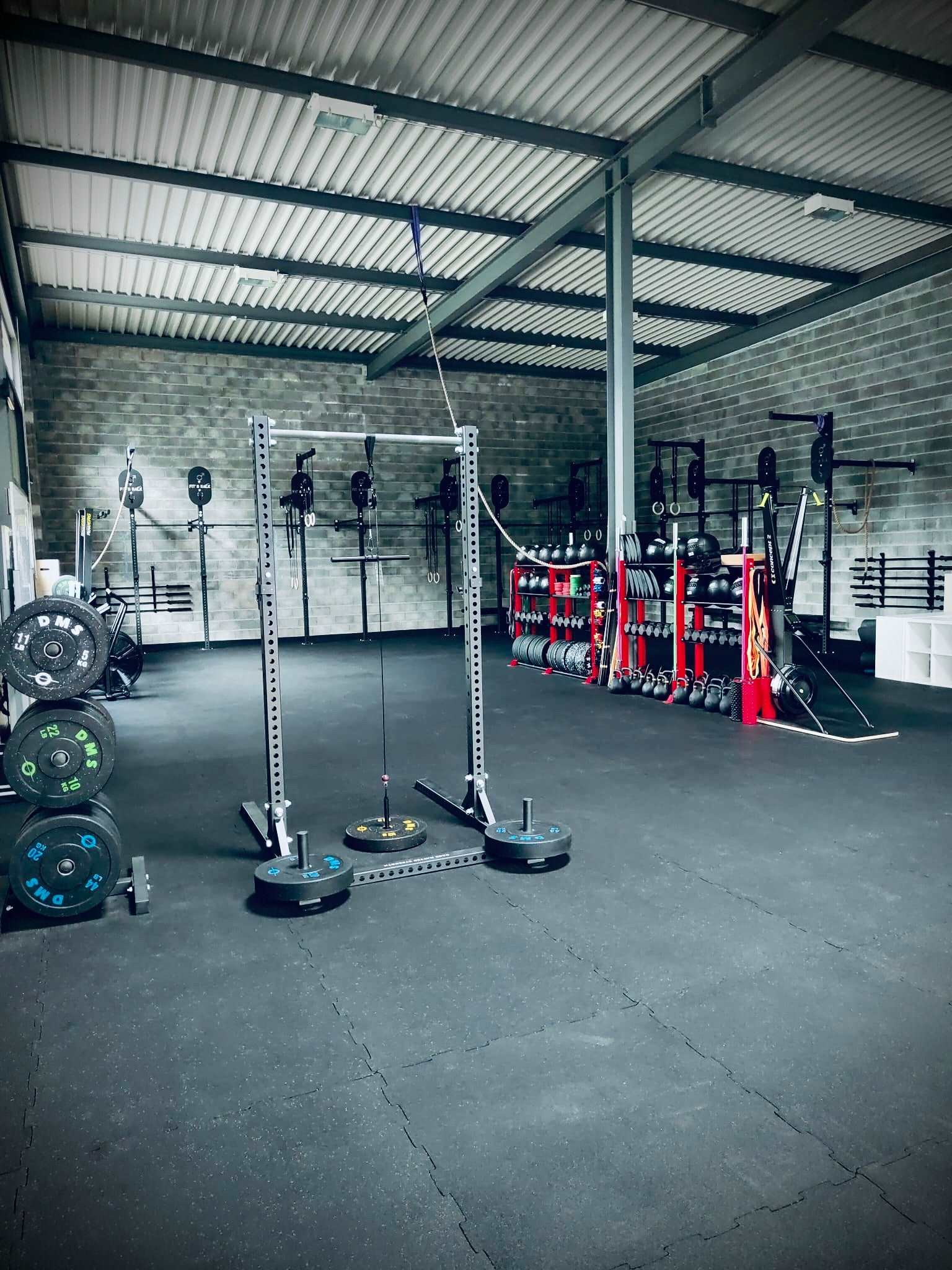 General view of Alp'In Crossfit with the Squat Rack SR232, Bumper Storage and Multi-Tier Red Storage